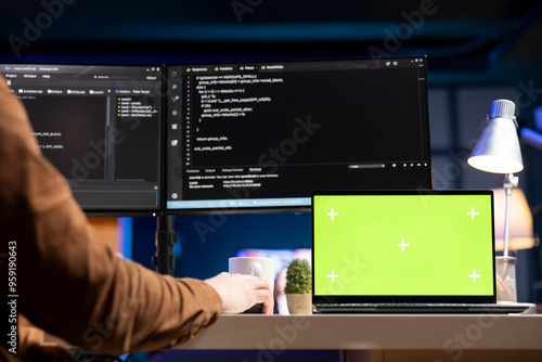 Admin using green screen laptop to filter malicious traffic from cybercriminals attempting to corrupt company data. IT expert working on chroma key notebook, preventing malware and phishing attacks