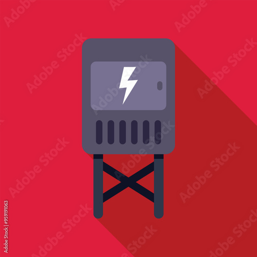 Outdoor electrical transformer box supplying electricity with long shadow on red background