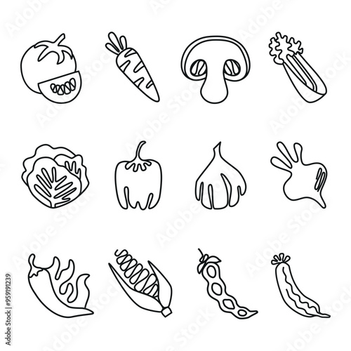 Set of linear vegetables icons. Various hand-drawn vegetable illustration. Ideal for suitable for revision. Can be used for printing in books, publishing. Vector line icons illustration.