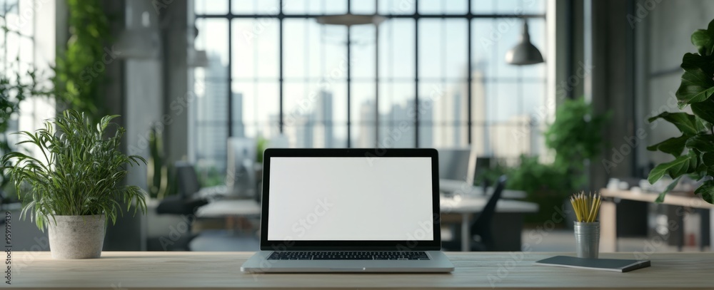 A mockup of an open laptop with a blank screen placed on a desk in a modern office A mockup of an open laptop with a blank screen placed on a desk in a modern office