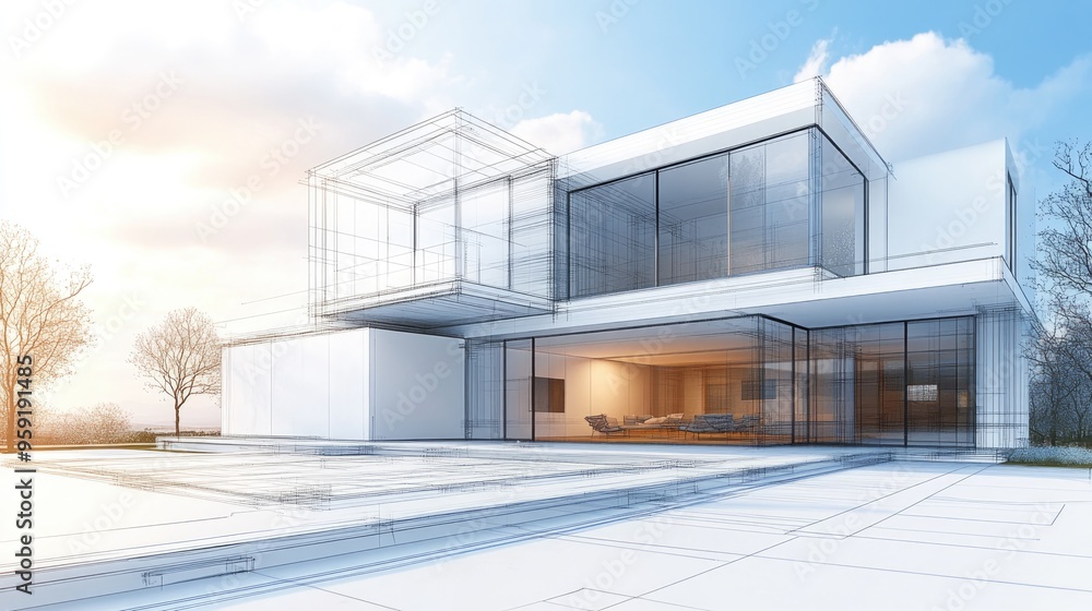 Modern architectural exterior design featuring an abstract blueprint or wire frame style Modern architectural exterior design featuring an abstract blueprint or wire frame style