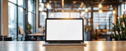 Mockup image of a laptop with white screen on a wooden desk in a modern office interior 