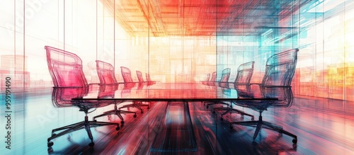 Abstract sketch of virtual robotics technology on a contemporary boardroom backdrop illustrating concepts of future technology and AI through double exposure