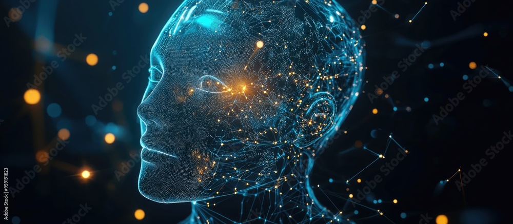 Humanoid robot head illustrating concepts in the robotics industry Design elements reflect teamwork and communication with interconnected lines and dots Humanoid robot head illustrating concepts in the robotics industry Design elements reflect teamwork and communication with interconnected lines and dots