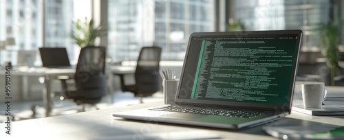 A laptop with green code on the screen sits in an open office space. Programming work time
