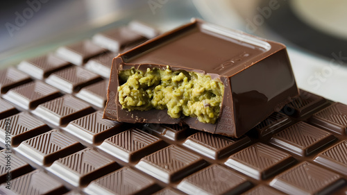 Close up of a dark Dubai chocolate bar with a bite taken from it against a blurred background, the chocolate bar is stuffed with a thick layer of pistachio filling that seeps out the sides. photo