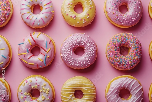 Enjoy a vibrant display of pastelcolored donuts, adorned with delicious frosting and colorful sprinkles, making them perfect for lively parties or as cheerful treats to brighten your day