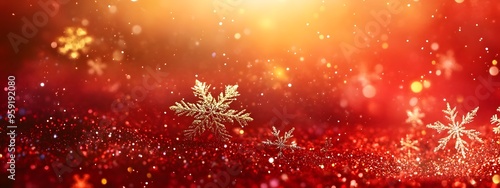 Red background with golden snowflakes, a shiny and festive atmosphere, a large area of red space at the top for text, bright lights, blurred edges, decorative elements, warm tones
