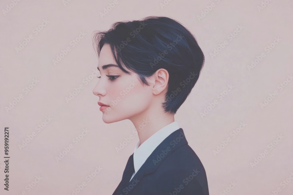 Elegant profile of a woman with short hair in professional attire Elegant profile of a woman with short hair in professional attire