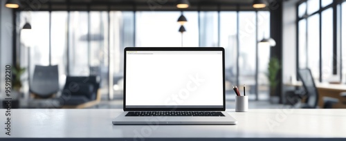 Mockup image of a laptop with white screen on a wooden desk in a modern office interior 