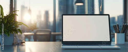 Wallpaper Mural Mockup image of a laptop with white screen on a wooden desk in a modern office interior  Torontodigital.ca