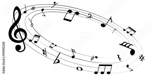 Music notes on rounded shape, black musical element, vector illustration.