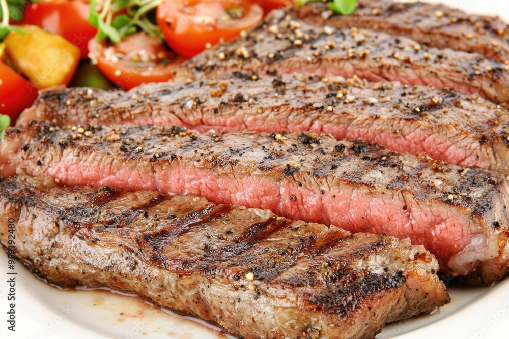 Grilled steak with tomatoes and potatoes on a white plate Grilled steak with tomatoes and potatoes on a white plate