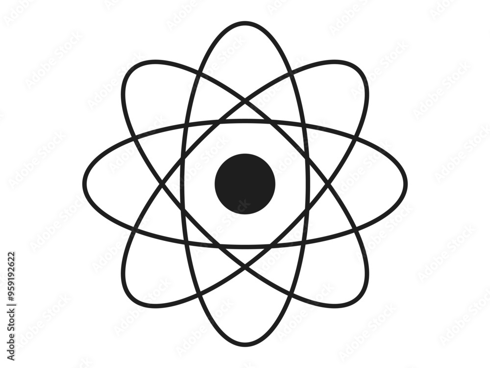 Black silhouette of an atom icon isolated on a white background. Concept of science illustration, atomic model, minimalist style, physics symbol. Print, design element, educational graphic. Black silhouette of an atom icon isolated on a white background. Concept of science illustration, atomic model, minimalist style, physics symbol. Print, design element, educational graphic.