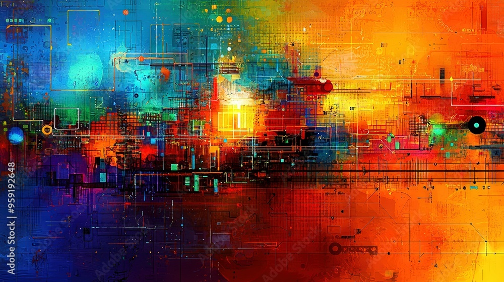 A vibrant depiction of an urban panorama, filled with intricate lines and dots amidst the composition A vibrant depiction of an urban panorama, filled with intricate lines and dots amidst the composition