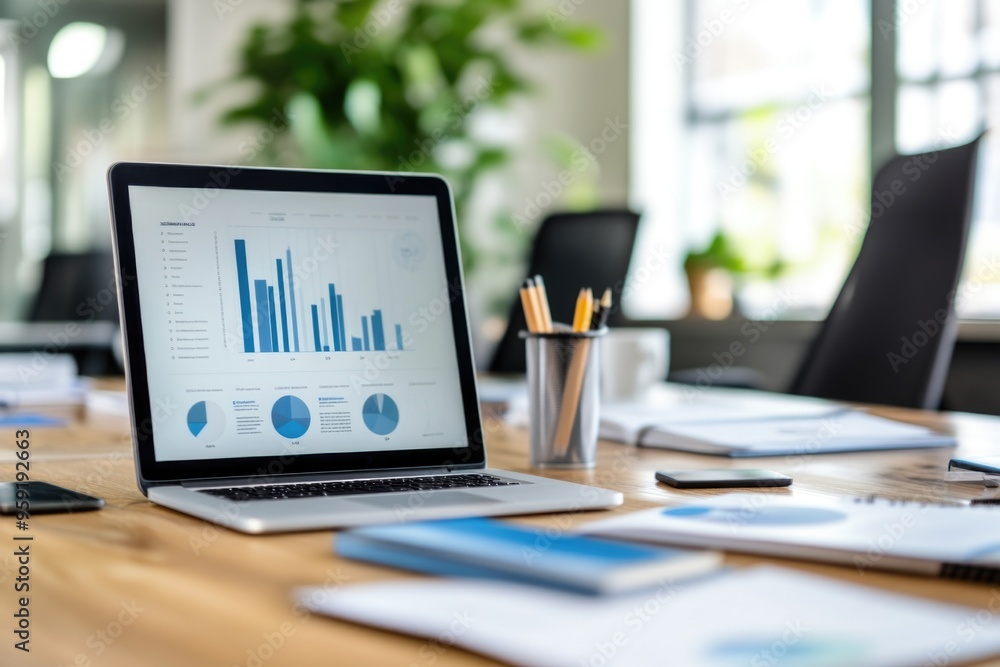 Modern office laptop displaying business analytics in conference room setting Modern office laptop displaying business analytics in conference room setting