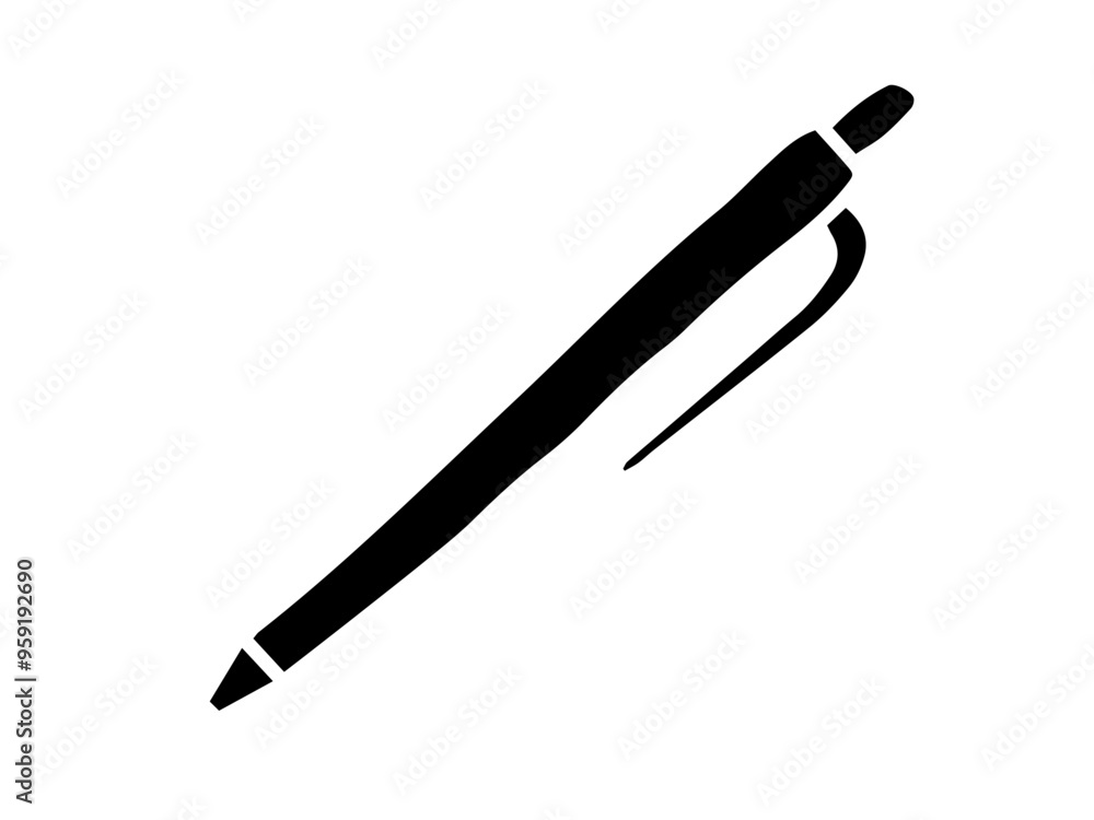 Black silhouette of a pen isolated on a white background. Concept of writing tool, stationery, minimalist style, office instrument. Print, icon, design element. Black silhouette of a pen isolated on a white background. Concept of writing tool, stationery, minimalist style, office instrument. Print, icon, design element.