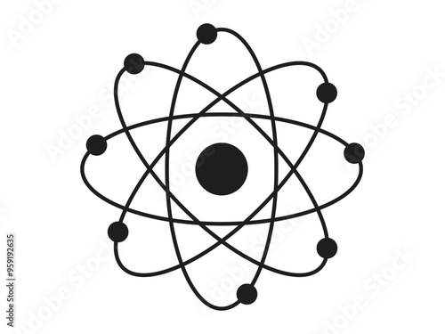 Black silhouette of an atom with orbiting electrons isolated on a white background. Concept of science, physics, atomic structure, minimalism. Design element.