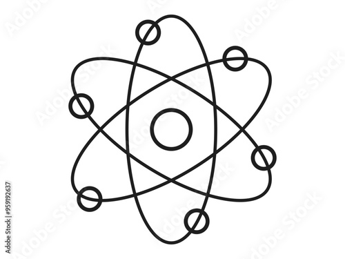Black outline of an atom with orbiting electrons isolated on white background. Concept of science education, atomic structure, physics, simple line design. Illustration, icon, symbol.