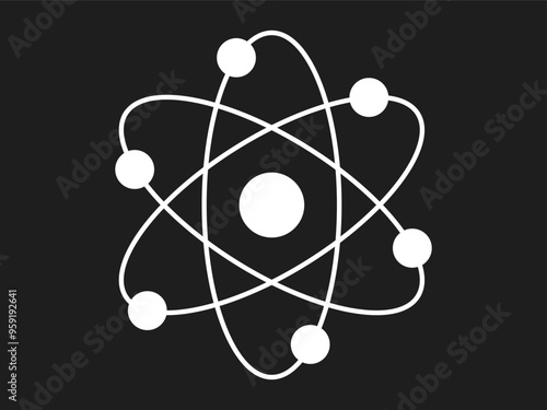 White silhouette of an atom with orbiting electrons isolated on a black background. Concept of science, physics, atomic structure, minimalism. Icon, symbol, design element.