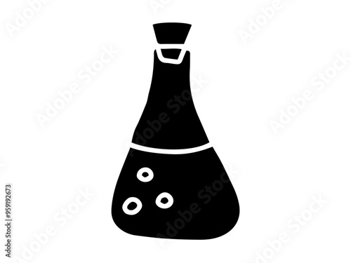 Black silhouette of chemistry flask with bubbles isolated on white background. Concept of laboratory equipment, science education, chemical experiment, minimalist design. Icon, school, study element.