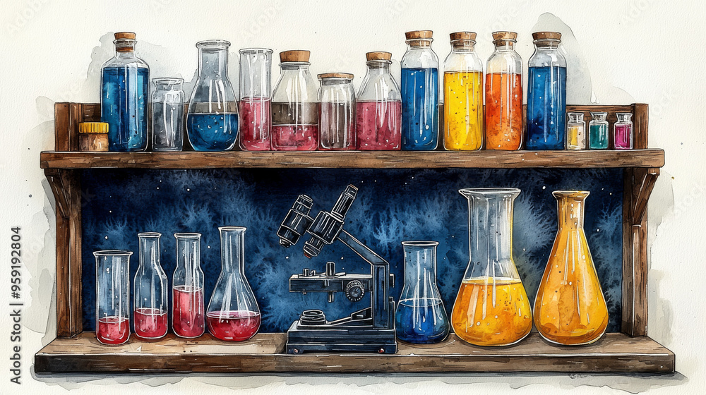 A watercolor illustration of a science lab shelf filled with colorful potions and a microscope. A watercolor illustration of a science lab shelf filled with colorful potions and a microscope.