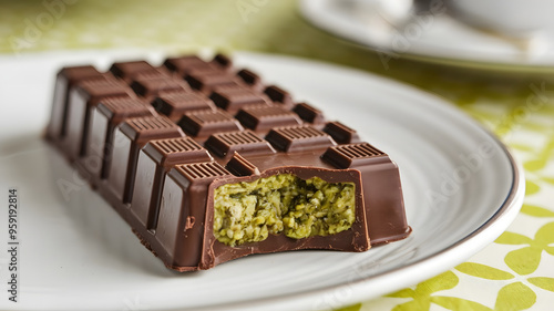 Close up of a dark Dubai chocolate bar with a bite taken from it against a blurred background, the chocolate bar is stuffed with a thick layer of pistachio filling that seeps out the sides. photo