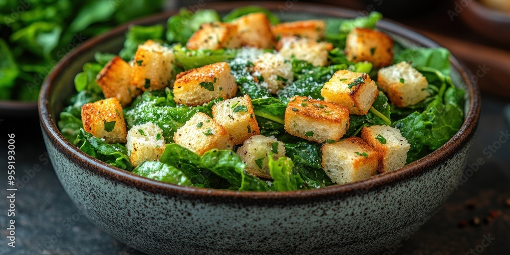 Close-up of a Bowl of Caesar Salad with Croutons and Parmesan Cheese Close-up of a Bowl of Caesar Salad with Croutons and Parmesan Cheese