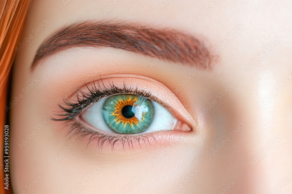 Fototapeta premium Close-up of green eye with detailed iris and natural makeup