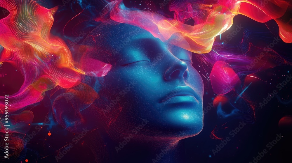 Artistic composition featuring a human face combined with vibrant graphic elements ideal for projects exploring dreams spirituality imagination and the inner self Artistic composition featuring a human face combined with vibrant graphic elements ideal for projects exploring dreams spirituality imagination and the inner self