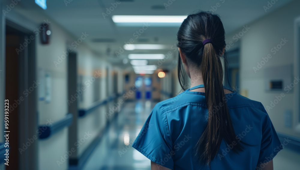 Woman nurse in blue scrubs stands at the end of an empty hospital hallway, facing away from the camera. Woman nurse in blue scrubs stands at the end of an empty hospital hallway, facing away from the camera.
