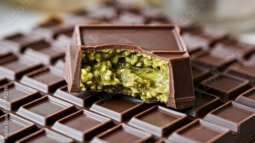 Close up of a dark Dubai chocolate bar with a bite taken from it against a blurred background, the chocolate bar is stuffed with a thick layer of pistachio filling that seeps out the sides. photo