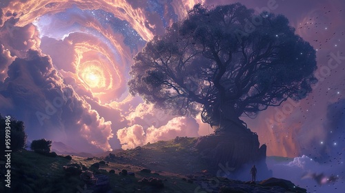A lone figure stands beneath a giant tree, gazing up at a swirling galaxy in the sky.