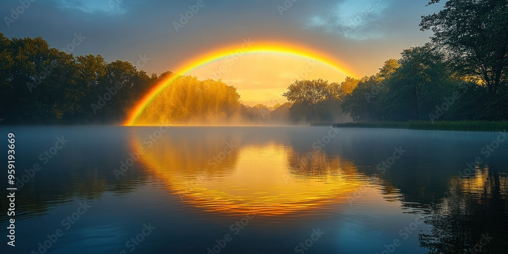 Fototapeta premium Rainbow Arcing Over a Misty Lake at Sunset