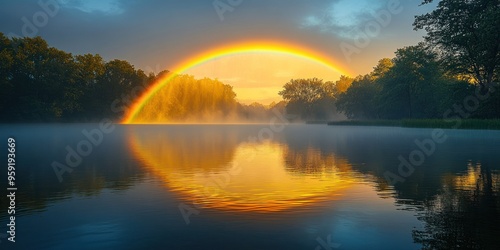 Rainbow Arcing Over a Misty Lake at Sunset