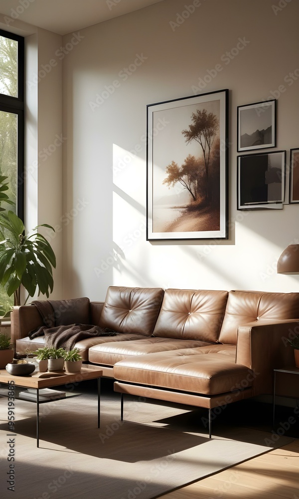 modern living room with a brown couch and decorating paintings.. modern living room with a brown couch and decorating paintings..