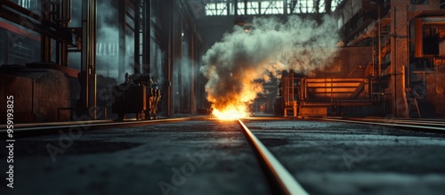 Steel welding process in an industrial setting with smoke produced during the job Potential health risks due to smoke inhalation associated with welding activities photo