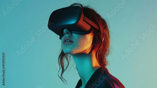 Wallpaper Mural A woman wearing VR glasses against a turquoise background. Virtual Reality concept Torontodigital.ca