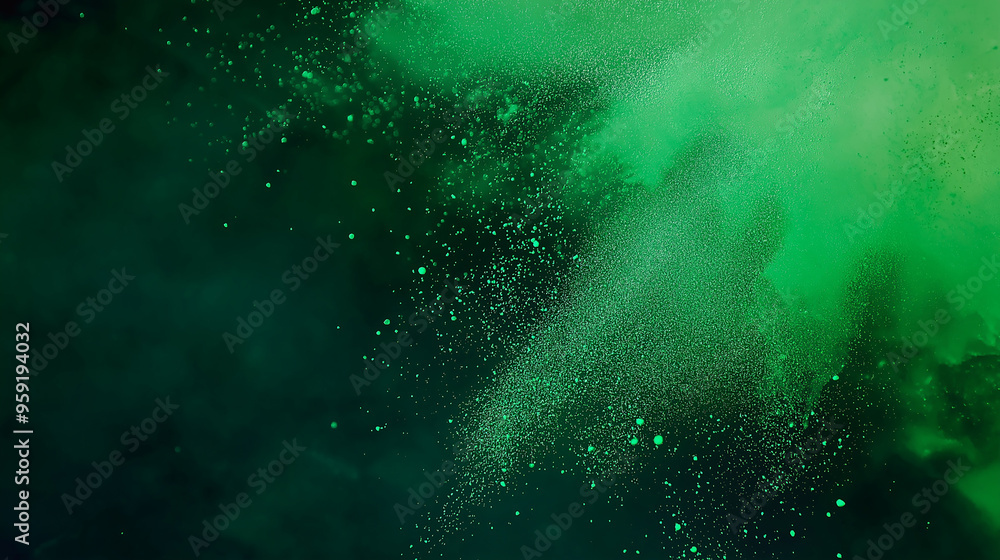 Colored green powder explosion. Abstract close up dust isolated on dark green background. Colored green powder explosion. Abstract close up dust isolated on dark green background.
