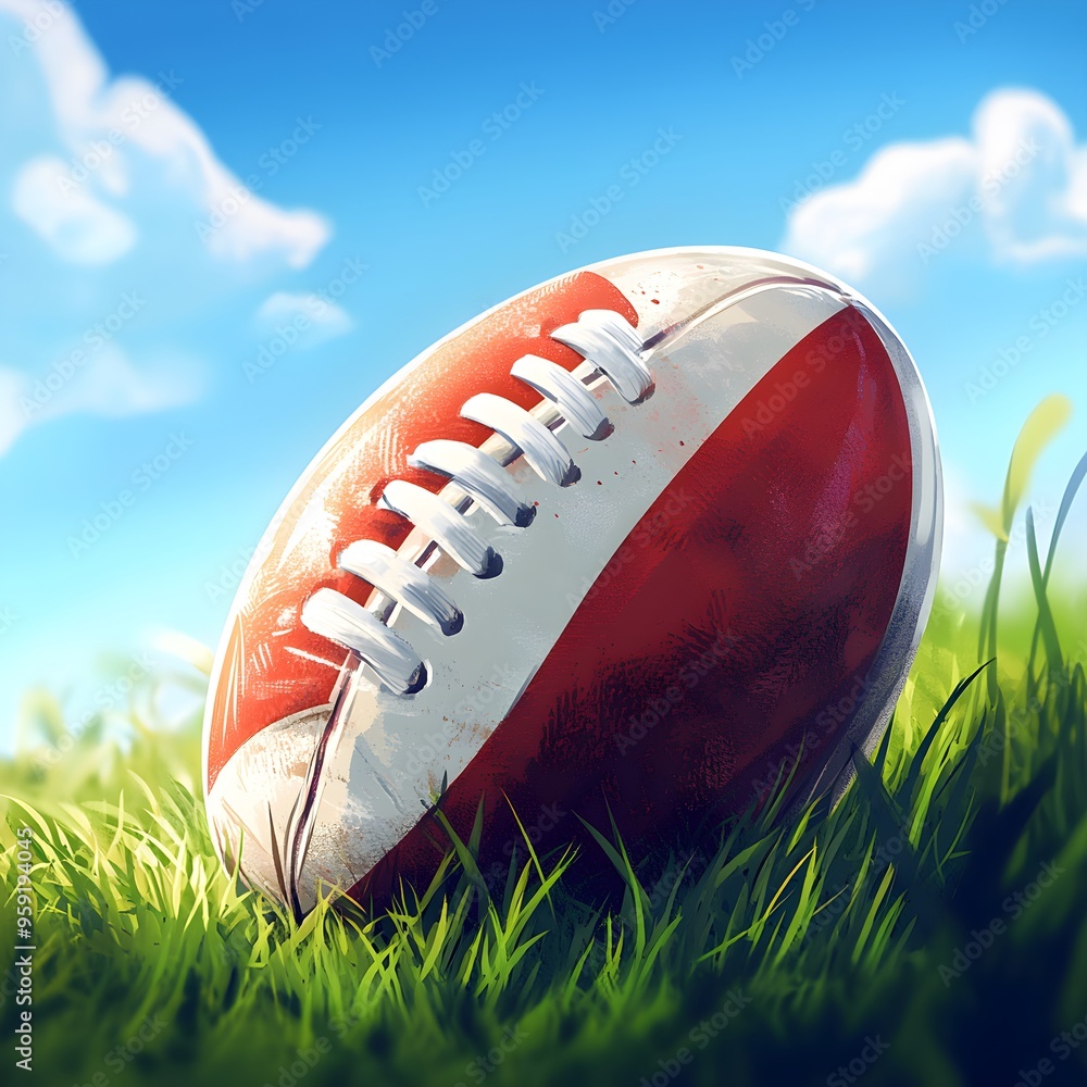 Obraz premium Close-up illustration of rugby ball on grass pitch field