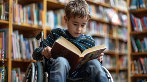 boy in a wheelchair studying in a library