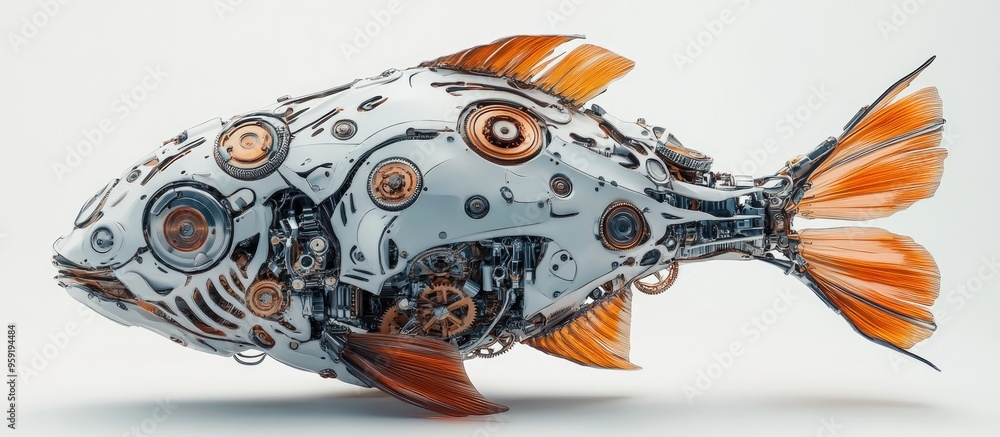Isolated robotic fish featuring mechanical gears This bionic robot mimics the shape and movement of a real fish in a 3D rendering Isolated robotic fish featuring mechanical gears This bionic robot mimics the shape and movement of a real fish in a 3D rendering