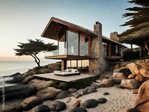 a cozy home at the beach, small House but luxury details, wood, stone are the main materials, use bir trees at he back Side of the House, big varenda next to the beach photo