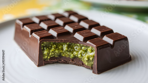 Close up of a dark Dubai chocolate bar with a bite taken from it against a blurred background, the chocolate bar is stuffed with a thick layer of pistachio filling that seeps out the sides. photo