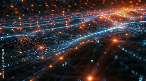 Abstract Technology Network Background with Orange and Blue Lights