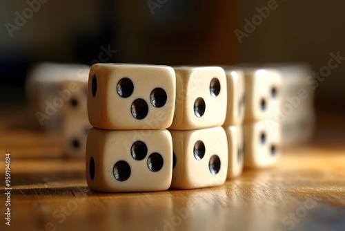 Close-up of Dice Stacked on a Wooden Surface