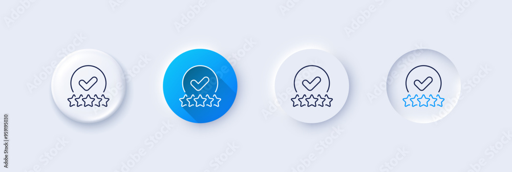Rating stars line icon. Neumorphic, Blue gradient, 3d pin buttons. Approved ranking sign. Verified high rank symbol. Line icons. Neumorphic buttons with outline signs. Vector Rating stars line icon. Neumorphic, Blue gradient, 3d pin buttons. Approved ranking sign. Verified high rank symbol. Line icons. Neumorphic buttons with outline signs. Vector