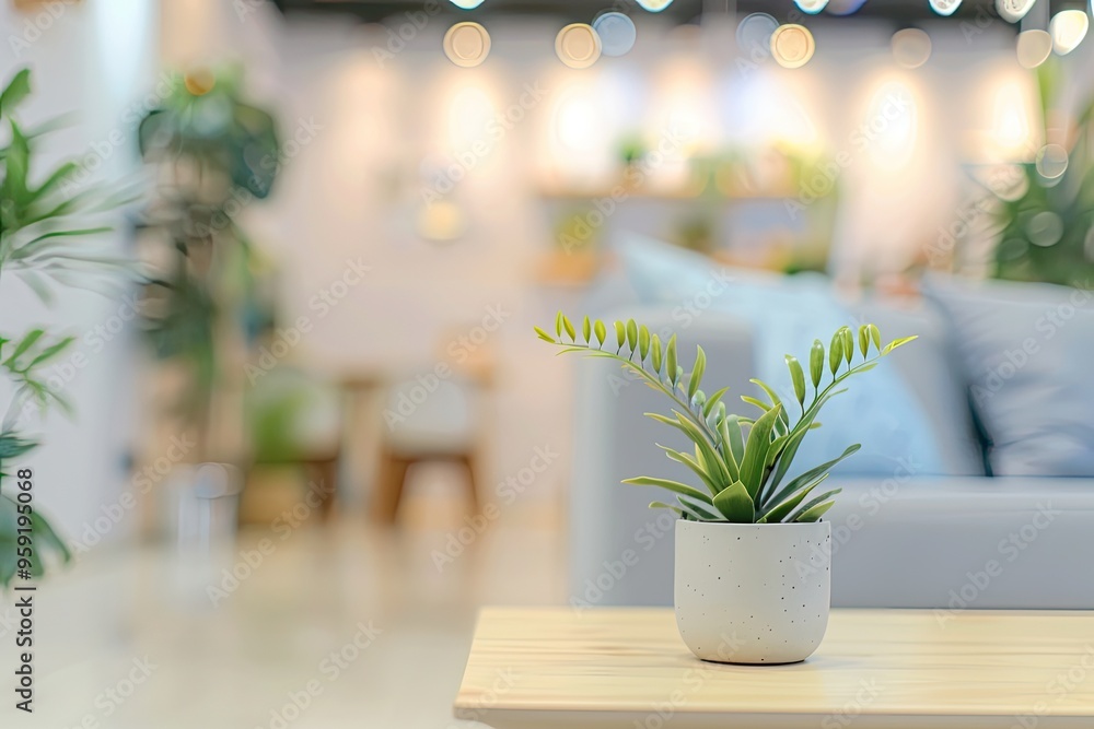 A Potted Plant on a Wooden Table in a Blurred Room A Potted Plant on a Wooden Table in a Blurred Room