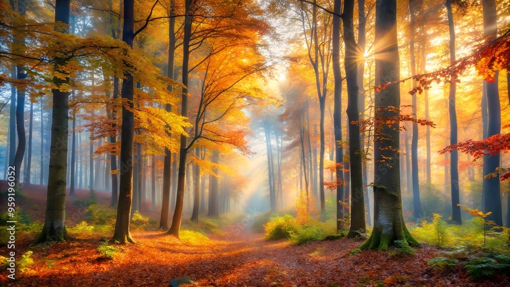 Misty morning in an autumn forest