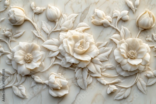 This captivating threedimensional floral basrelief sculpture showcases intricate details in a vintage style, perfect for art enthusiasts and collectors who value fine craftsmanship photo